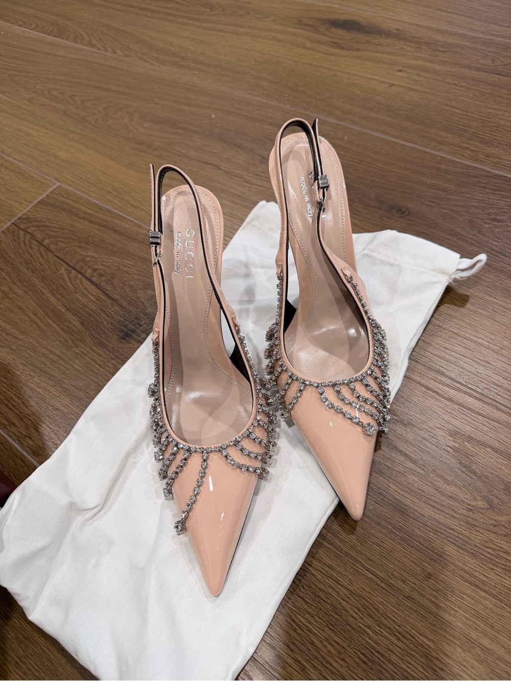 New Gucci Guinevere Crystal Leather Slingback Stiletto Pumps 39.5 Rose Dust